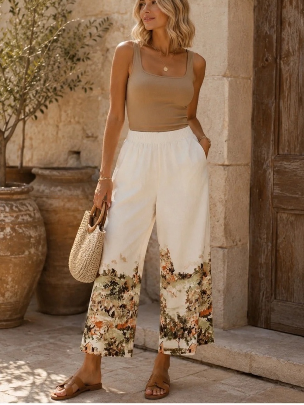 Tahari Cream Linen Blend Pants with Scenic Hem Print Womens Size M